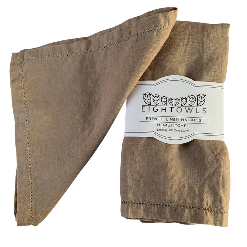 Eight Owls Hemstitched Linen Napkins â€“ 20 Inch x 20 Inch â€“ Stonewashed Pure Linen Cloth Dinner Napkins with Mitered Corners - 100% French Flax â€“ Machine Washable - Set of 4 (Natural Rustic Taupe) - Image 1